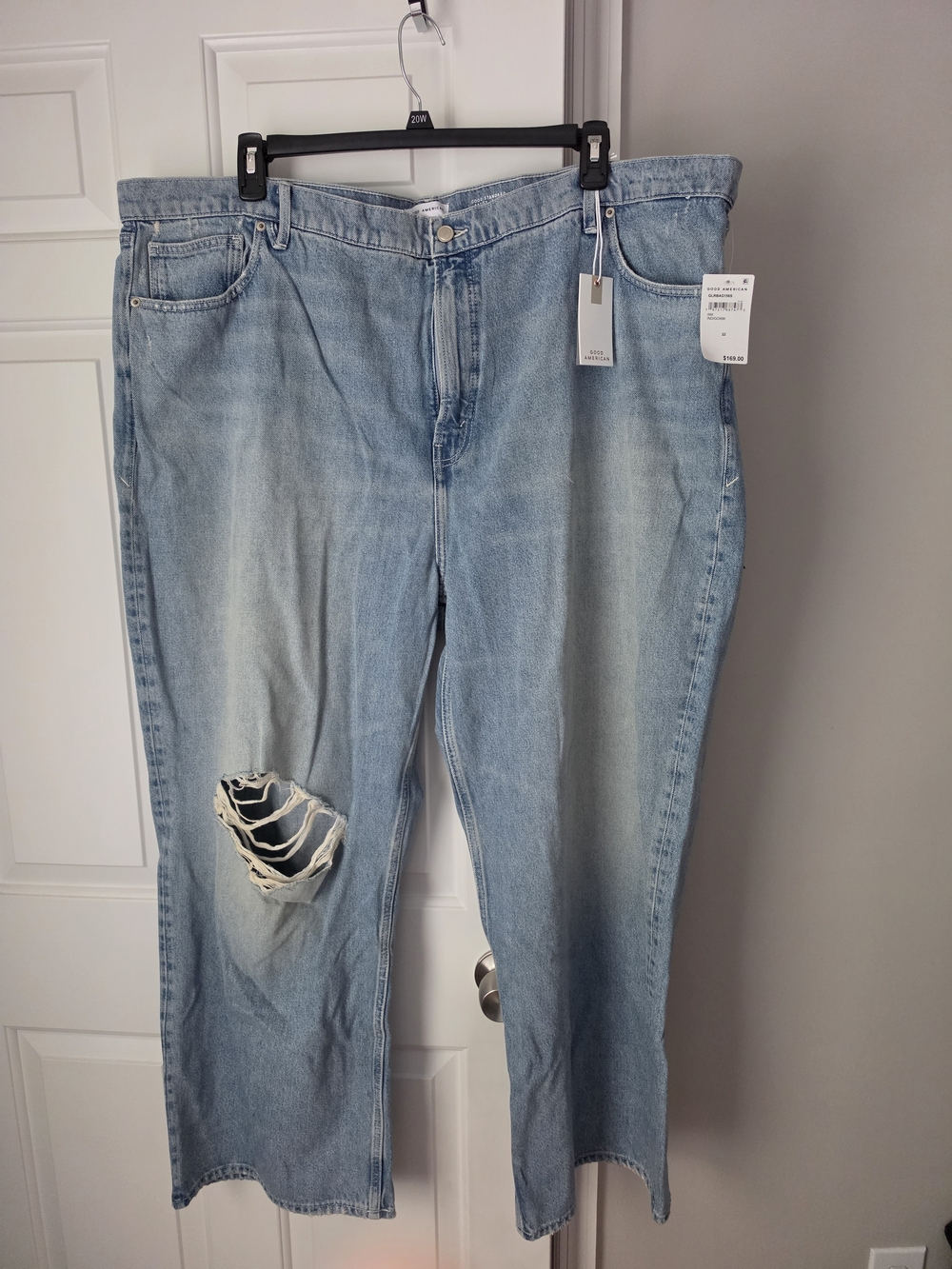 Good American Good Standard Baggy Wide Leg Light Blue Distressed Jeans 22w NWT